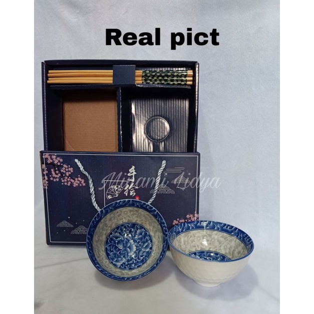 set mangkok rice bowl bunga biru gift hadiah with box