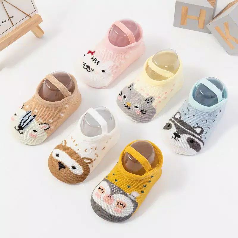 Kaos Kaki Ankle Dengan Strap Motif Kartun Hewan Bahan Katun Anti Slip untuk Bayi