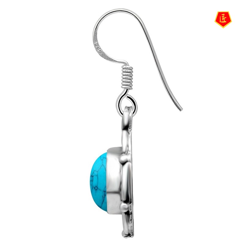 [Ready Stock]Creative Flower Inlaid Turquoise Earrings Retro S925 Silver