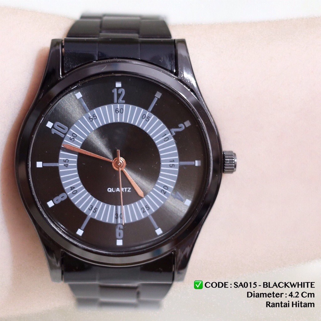 Jam tangan pria wanita rantaihitam stainless terbaru free baterai cadangan fashion SA015