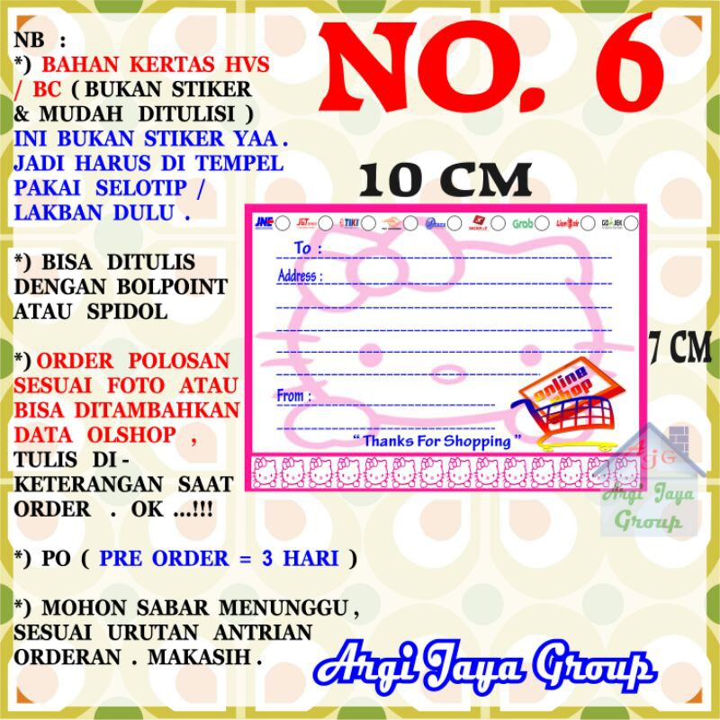 

Label Pengiriman Alamat Olshop Murah Nomer 6 - 10x7cm - Kertas BC (Manila)