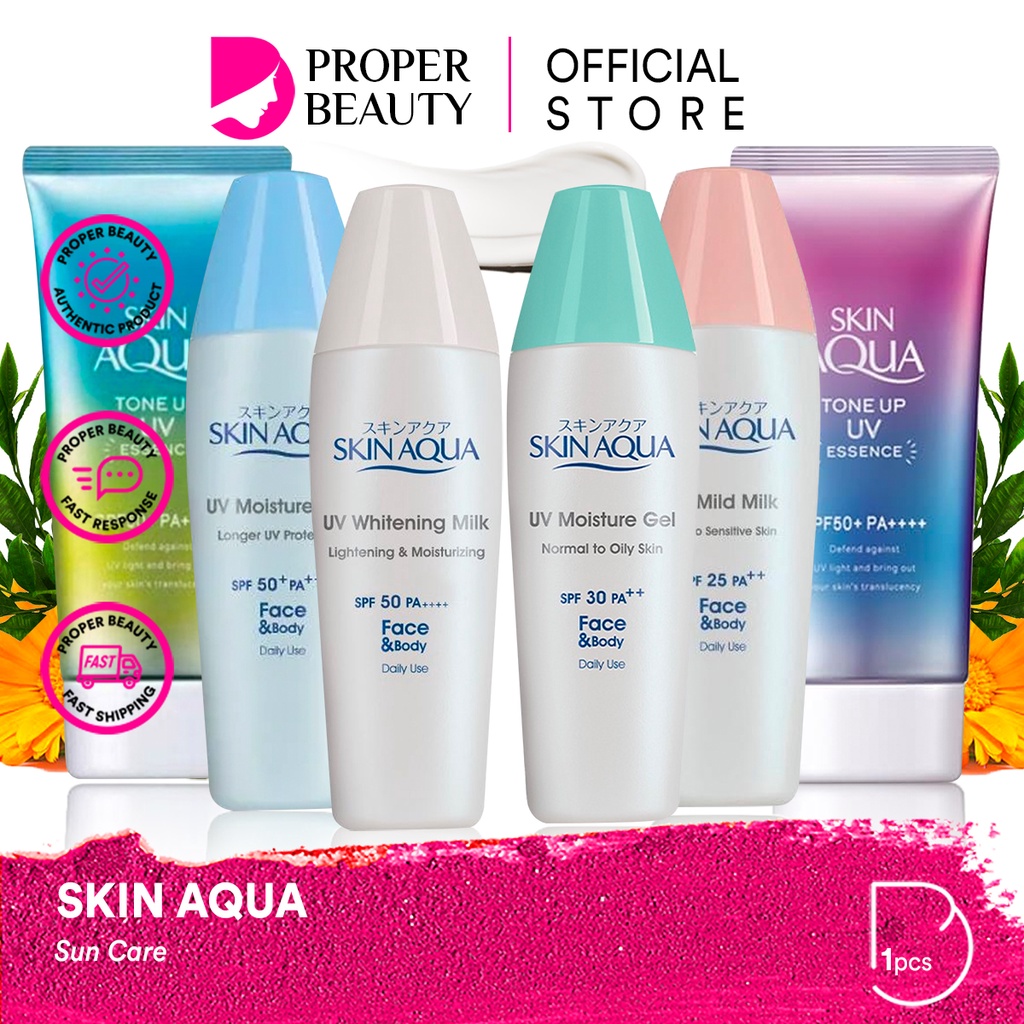 SKIN AQUA Sun Care Japan / UV Moisture Whitening Mild Milk Gel SPF 50 30 25 20 PA++++ Face &amp; Body / Tone Up UV Essence SPF50+ PA++++ Protection Radiant Glowing Skin 40gr / Violet Mint Green / Sunscreen Sunblock Sunblok / Paket Set Wajah Face Body Rohto