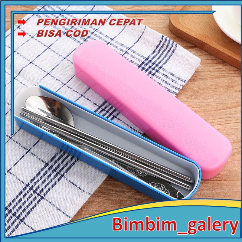 BIMBIM Sendok Set 3IN1 Besi Kotak Warna Alat Makan 3 in 1 Sendok Garpu Stainless Steel Kotak Traveling