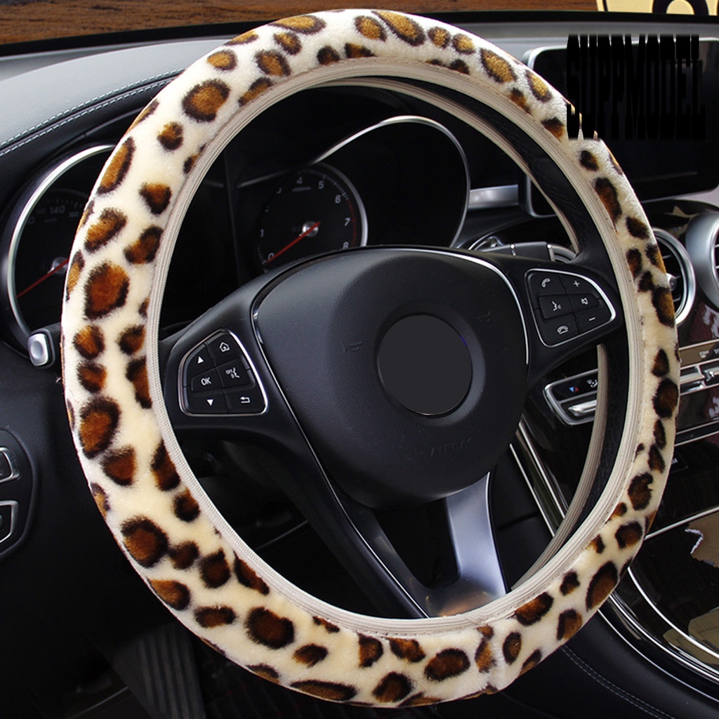 Sarung Setir Mobil Bahan Plush Lembut Elastis Anti Slip Motif Leopard Untuk Musim Dingin