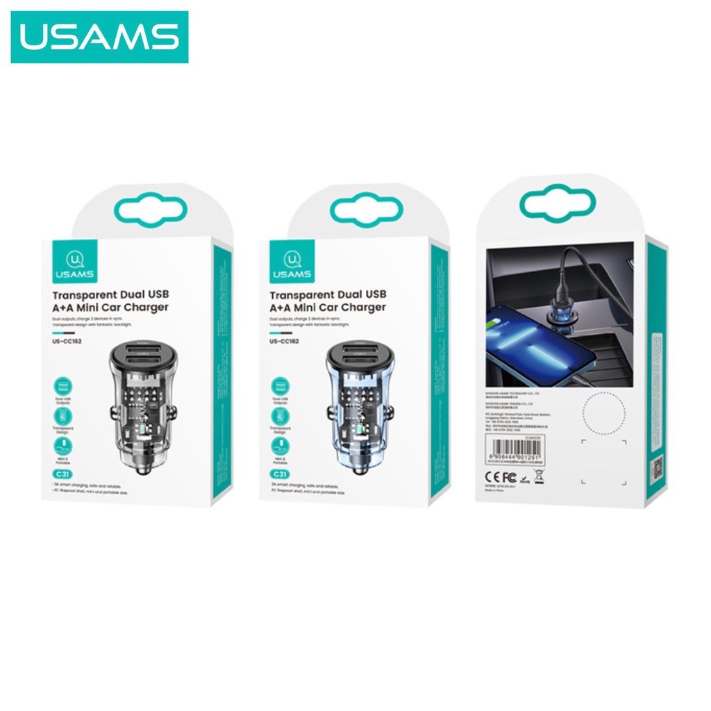 USAMS C31 Car Charger Mini Dual USB Transparent 3A Fast Charge