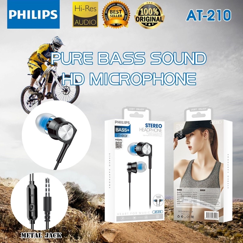 Ready Stok Handsfree Headset Earphone Philips AT-210 - AT-211 Plus Mic Stereo Suara Bagus