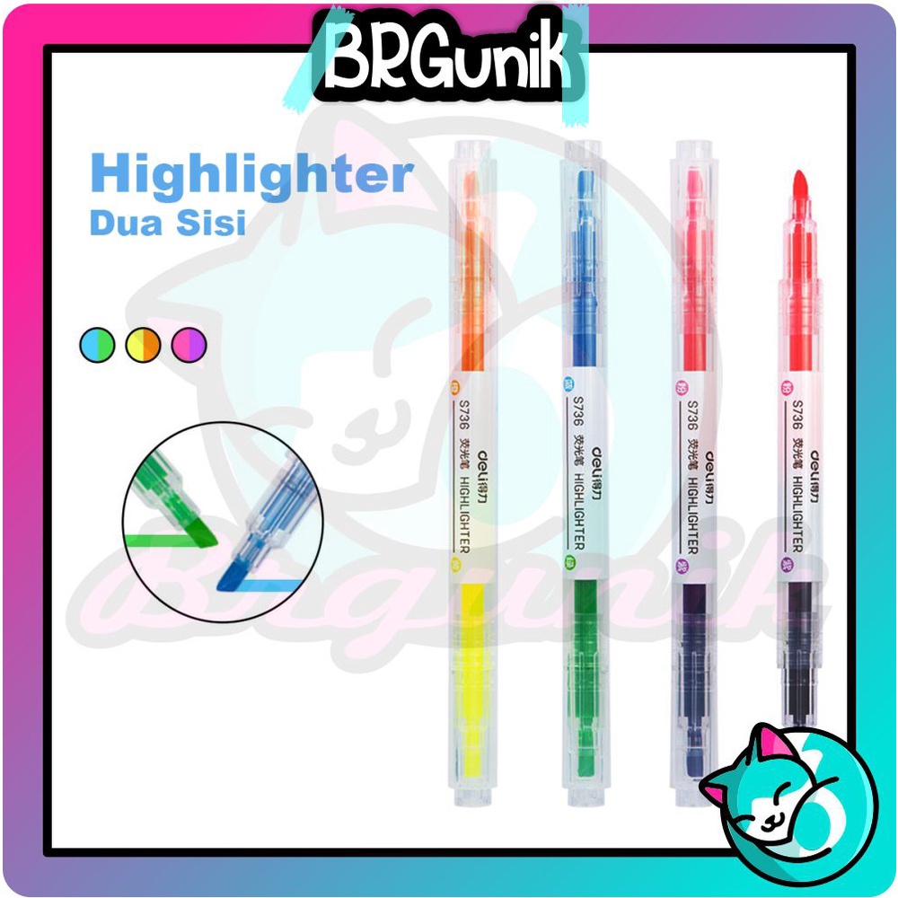 BRGUNIK Highlighter Ujung 2 Warna Warni Pulpen Dua Sisi Double Side Highlighter S010