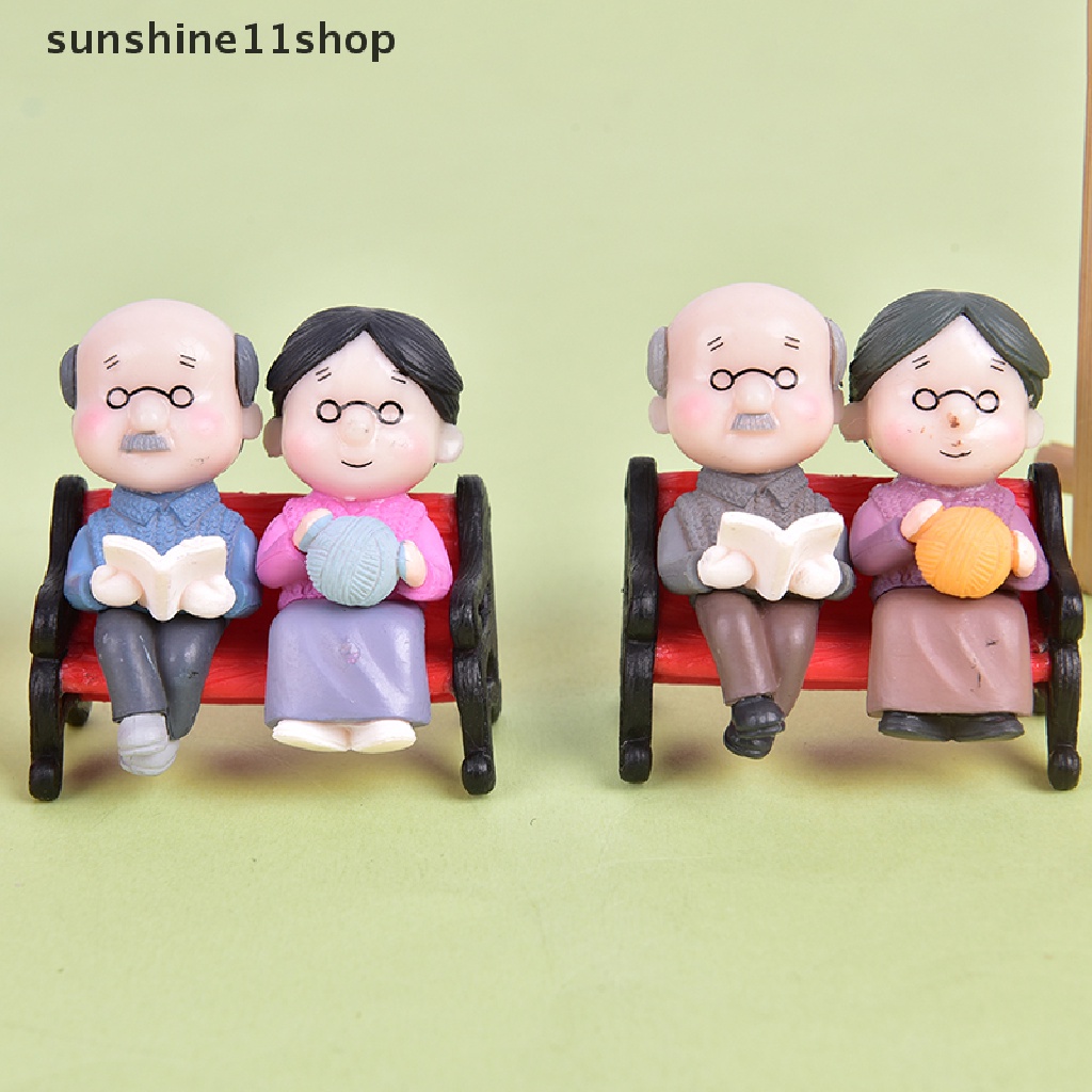 (SHO) 3pcs / set Miniatur Pasangan Kakek Nenek Bahan Resin Untuk Dekorasi Rumah