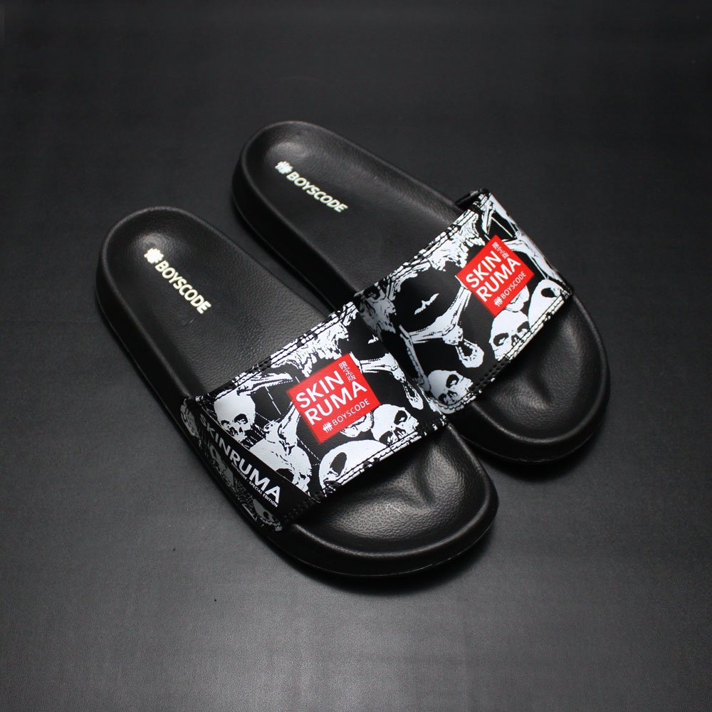 Sendal Selop Pria Wanita Distro Boyscode X Skinruma Black Skull / Sendal Slip On Pria / Sendal Slide Pria / Sendal Slop Pria