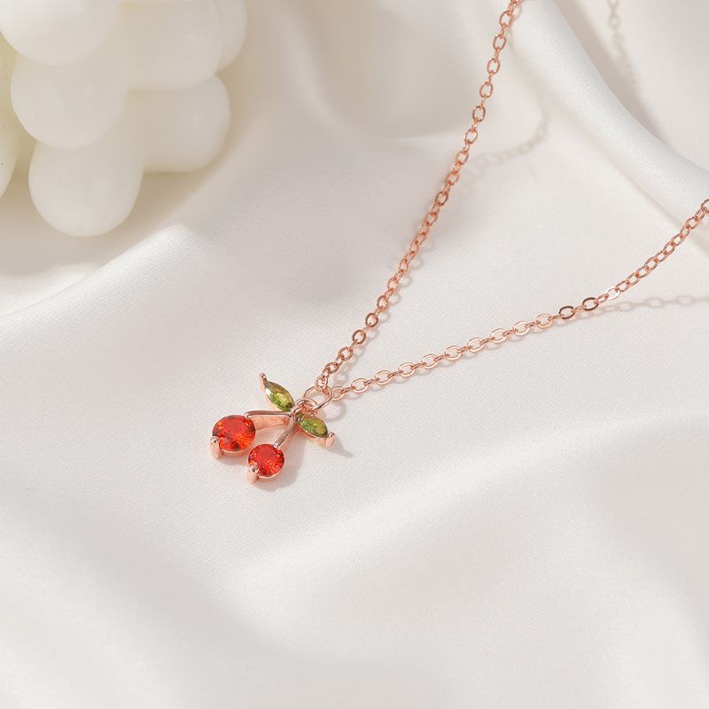 FerenHongXia Temperamen Manis Berlian Ceri Kalung Kecil, Kalung Rantai Klavikula Buah