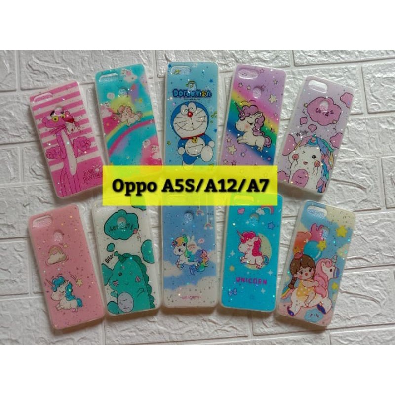 TERLARIS CASE SOFTCASE OPPO A5S A7 A12 F9 GLITTER TANAM MOTIF KARAKTER DORAEMON UNICORN DINO