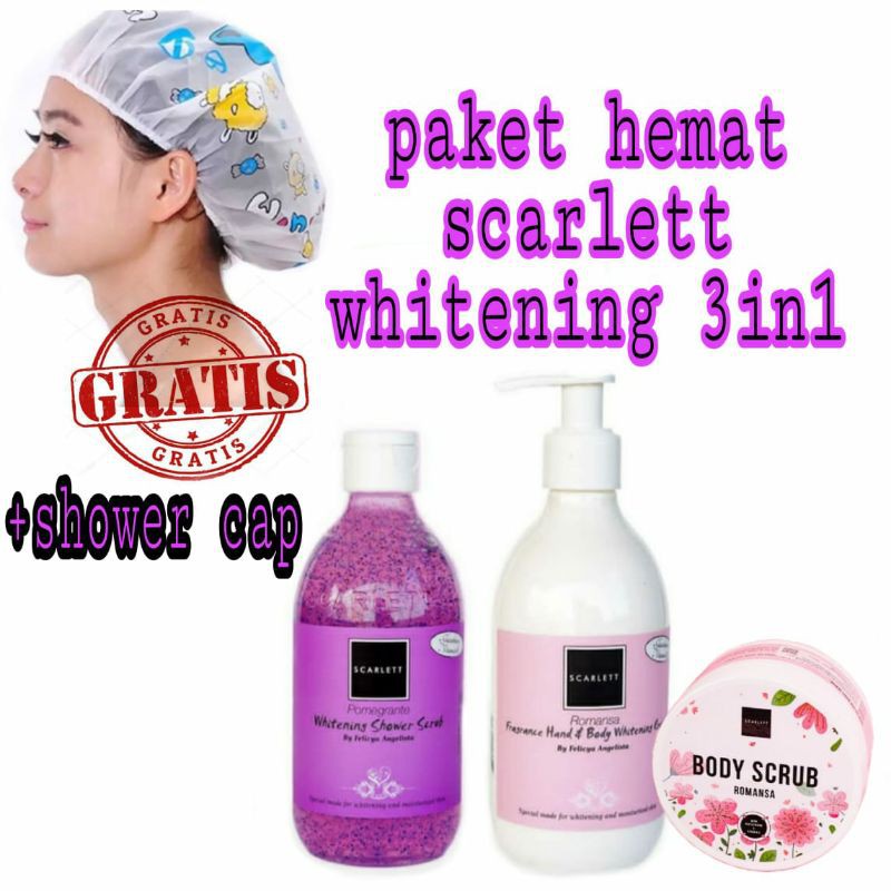 PAKET SCARLETT WHITENING 3IN1 FREE TAS KOSMETIK [LOTION ROMANSA,SHOWER POME DAN BODY SCRUB ROMANSA]