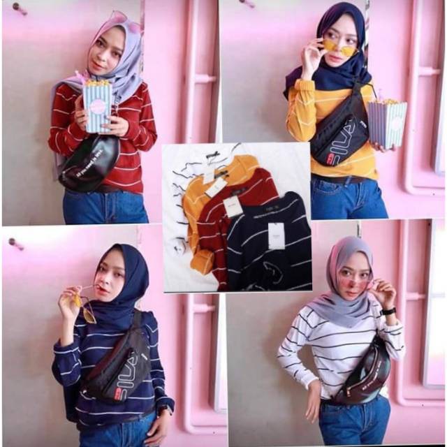 Top Knit Sweater Stripe - Atasan Sweater Rajut Garis Wanita - Sweater Kaos