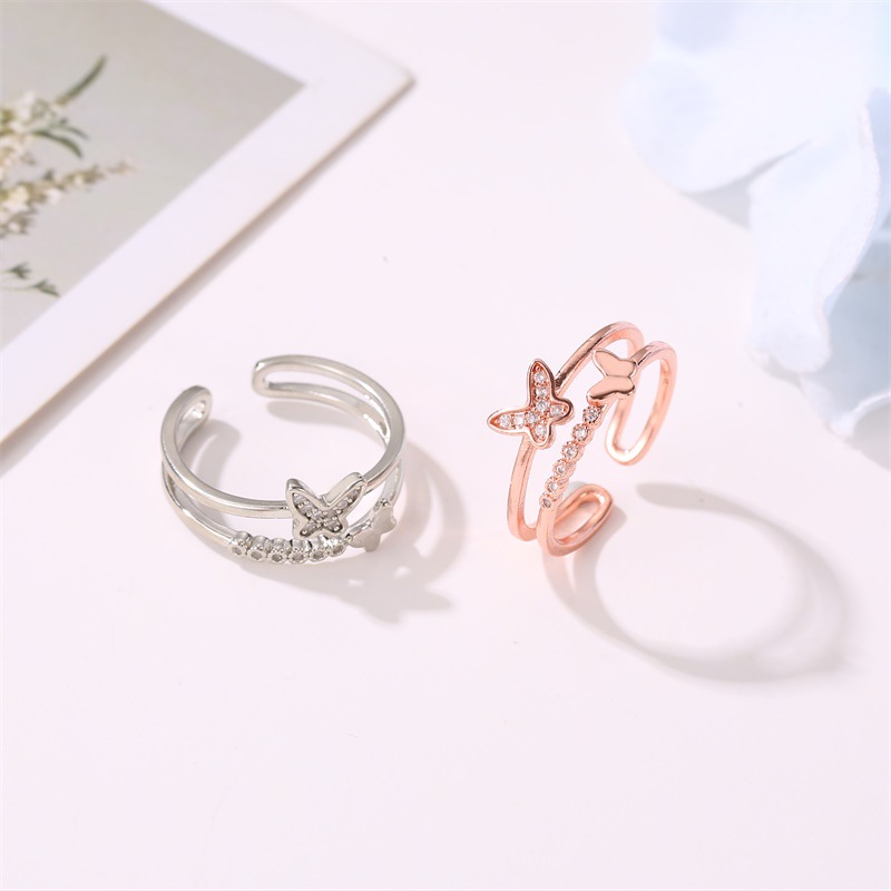 Korean Fashion Butterfly Rings Adjustable Double Butterfly Diamond Opening Ring Rose Gold Silver Jewellery