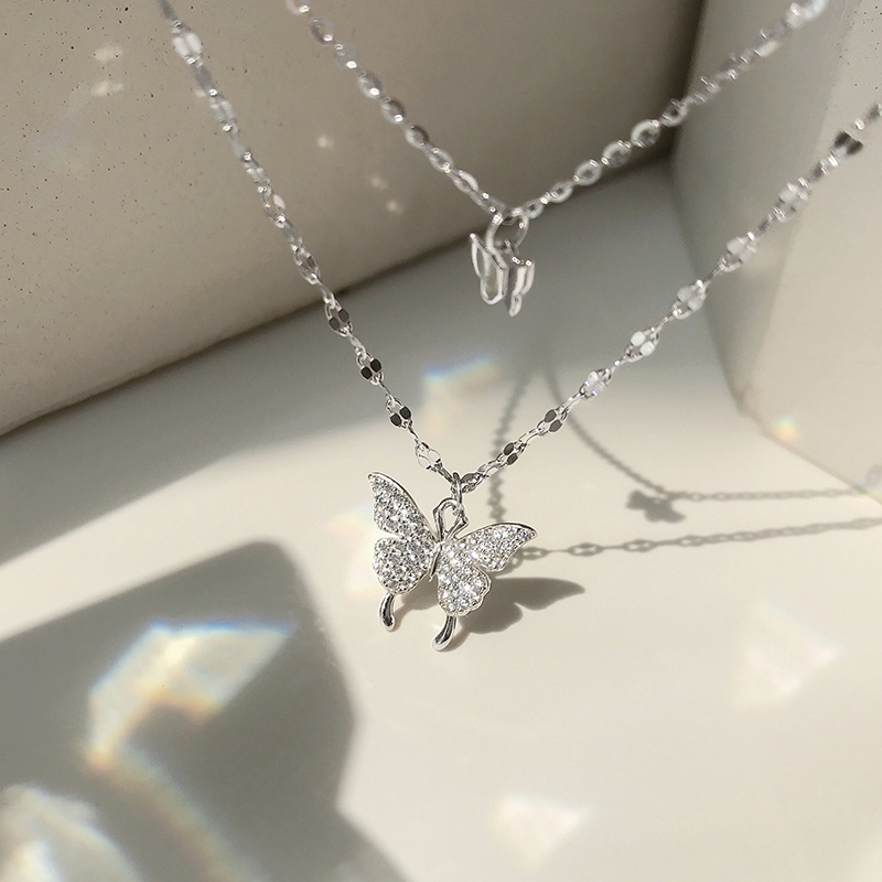 Papaozhu Korea Glittery Kristal Ganda Kupu-Kupu Liontin Kalung Untuk Wanita Perempuan Elegan Double Layered Silver Tulang Selangka Rantai Kalung Perhiasan Hadiah