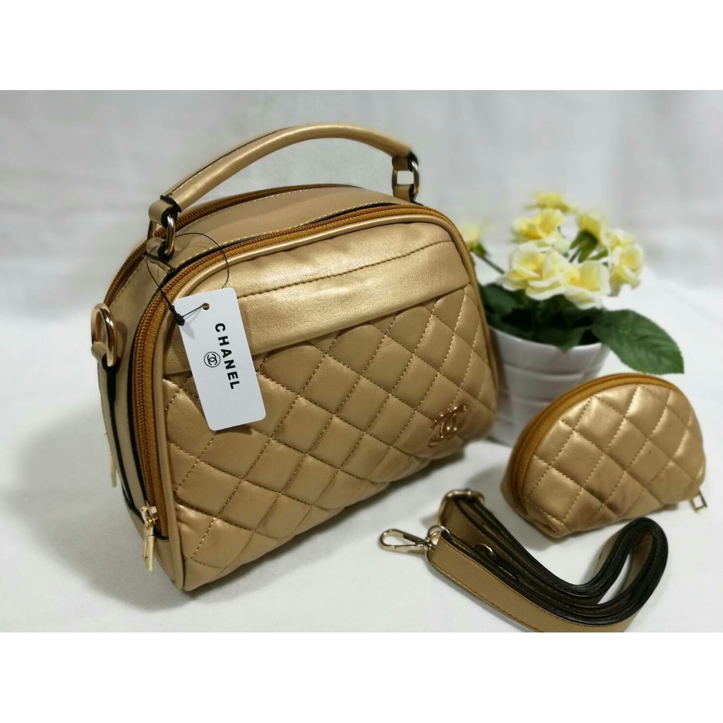 Terbatas Tas Wanita Fashion Branded Chanel Apel 2 Ruang Set Dompet Warna Gold