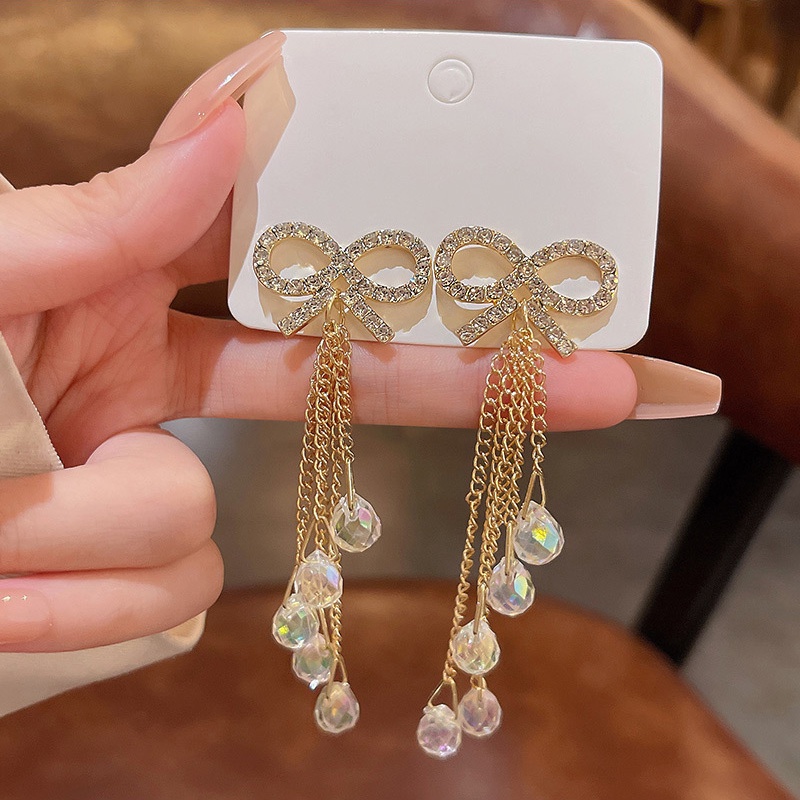 Anting Tusuk Gantung Panjang silver 925 Desain Pita Hias Kristal Berlian Untuk Wanita