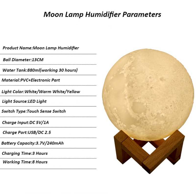 Humidifier + Lampu Tidur Bentuk Bulan 3D Moon Night Light Dengan Baterai 240mAh