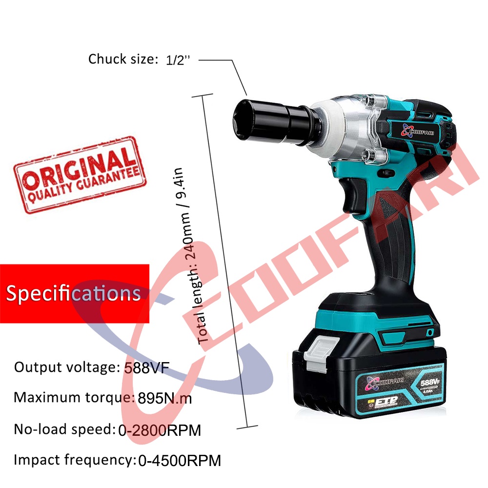 Coofari 895N.m 25800mAH Electric Brushless 588VF Cordless Impact Wrench With 2Buah Baterai and Plastic Case