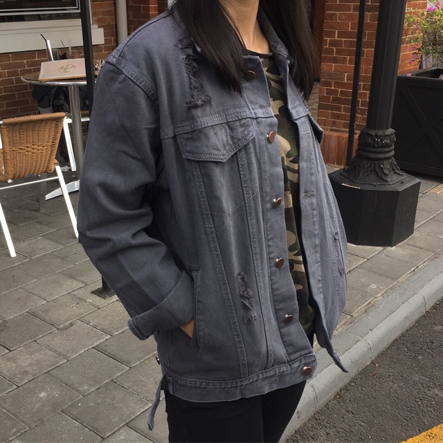 Jaket Jeans Oversize Wanita / Jaket Denim Cewe Oversize Ripped Sobek