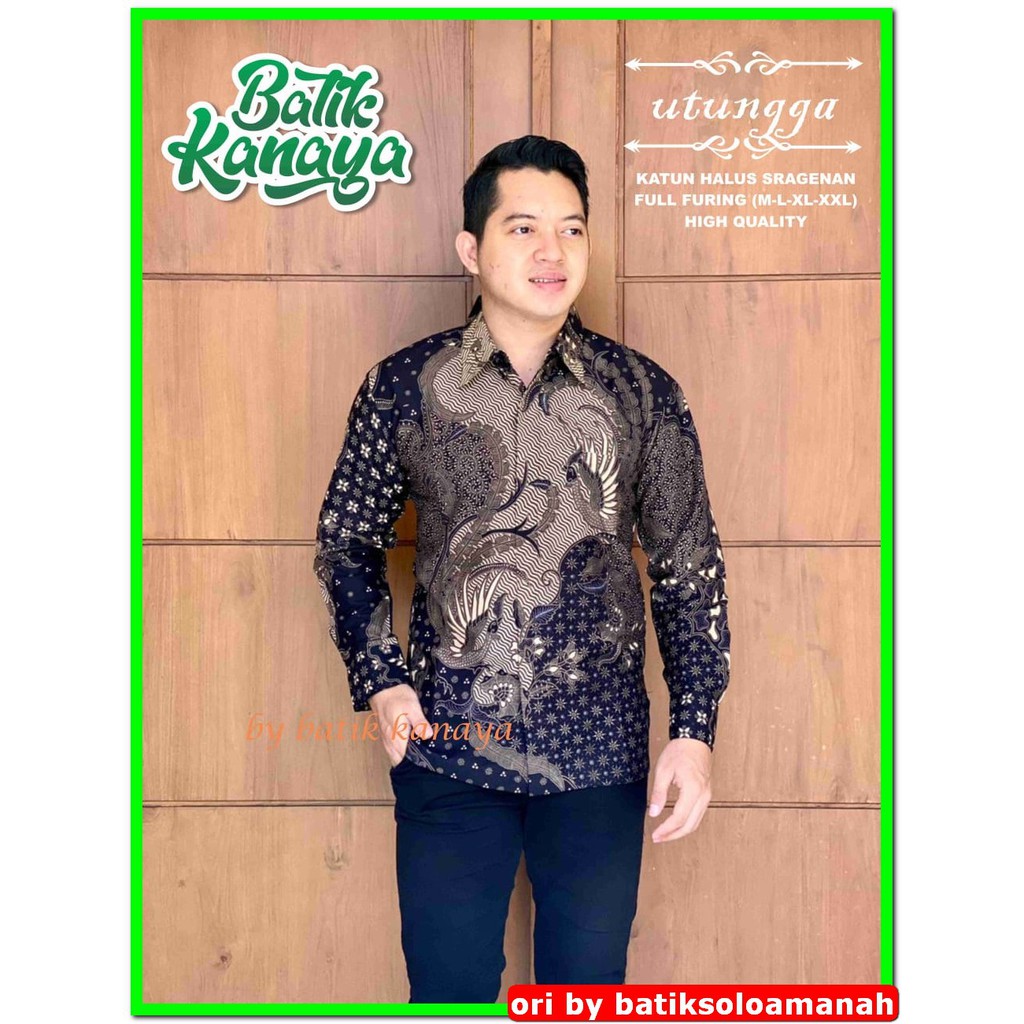 UTUNGGA Kemeja Batik Pria SOLO Lengan Panjang Lapis Furing KANAYA KEMBANG  Biru Kapal Kandas GITARJA