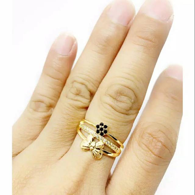 Fourfashion Cincin Ring wanita Butterfly sirkon dengan Mata hitam GOLD