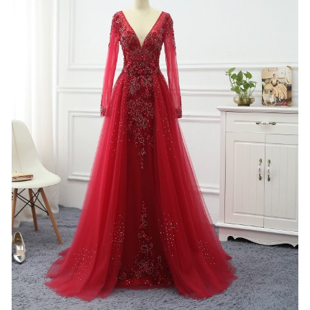 Elegant Red Long Sleeve Evening Dress 2020 Shining Beading A Line Evening Gown Prom Party Women 1