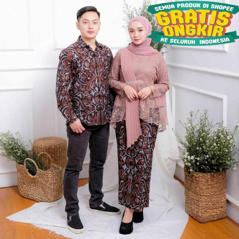 Set Couple Amalia Brown Kebaya Modern Brukat Couple Pasangan Terbaru Kapel Brokat Baju Couple Prewed