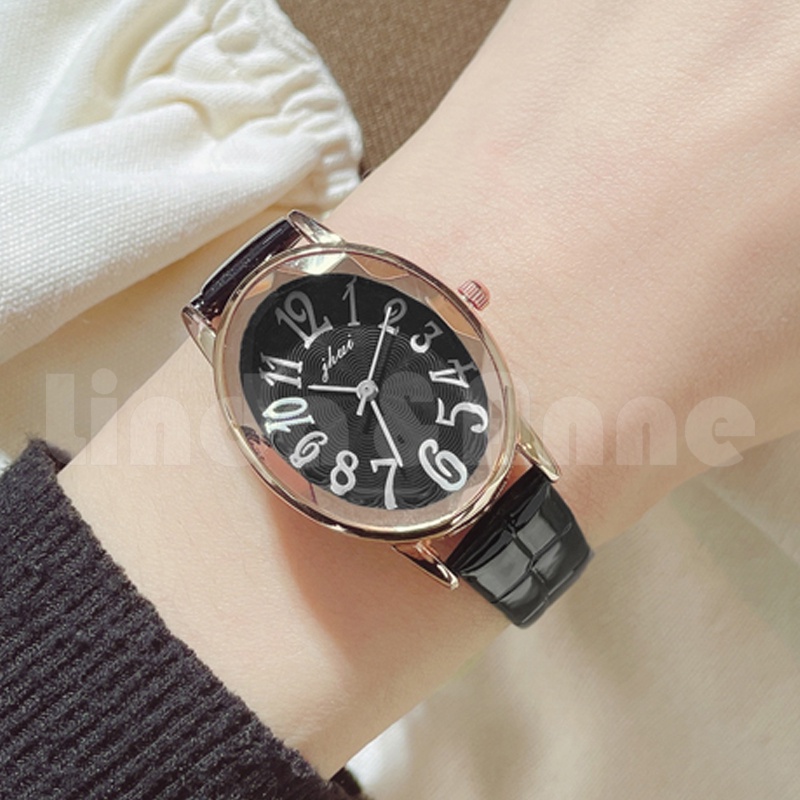 Jam Tangan Analog Wanita Dengan Strap Pu Leather Dial Angka Korean Fashion Import