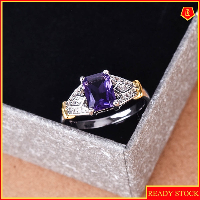 [Ready Stock]Inlaid Topaz Purple Square Diamond Ring 14K Gold Color Separation