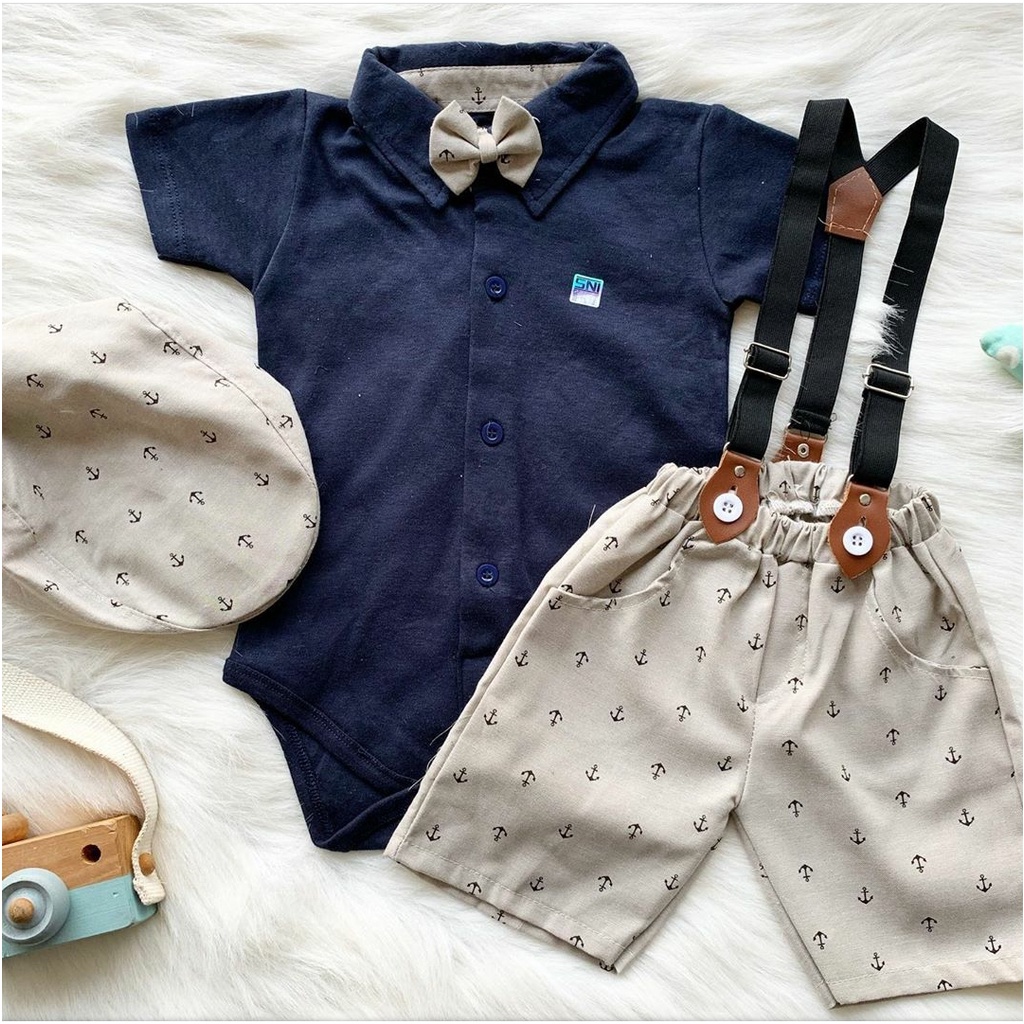 Baju bayi Setelan jumper celana suspender topi dasi motif bintik fashion anak bayi cowok laki baby boy -baw