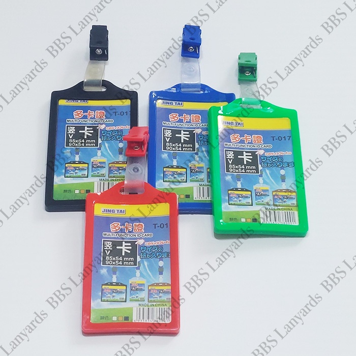 

ID Card Holder Softcase 2 sisi 2 kartu Portrait dengan Klip Plastik Warna