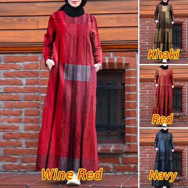 ZANZEA Gaun Maxi wanita import Casual motif kotak kotak/Gamis wanita muslim jumbo S-5XL Terbaru