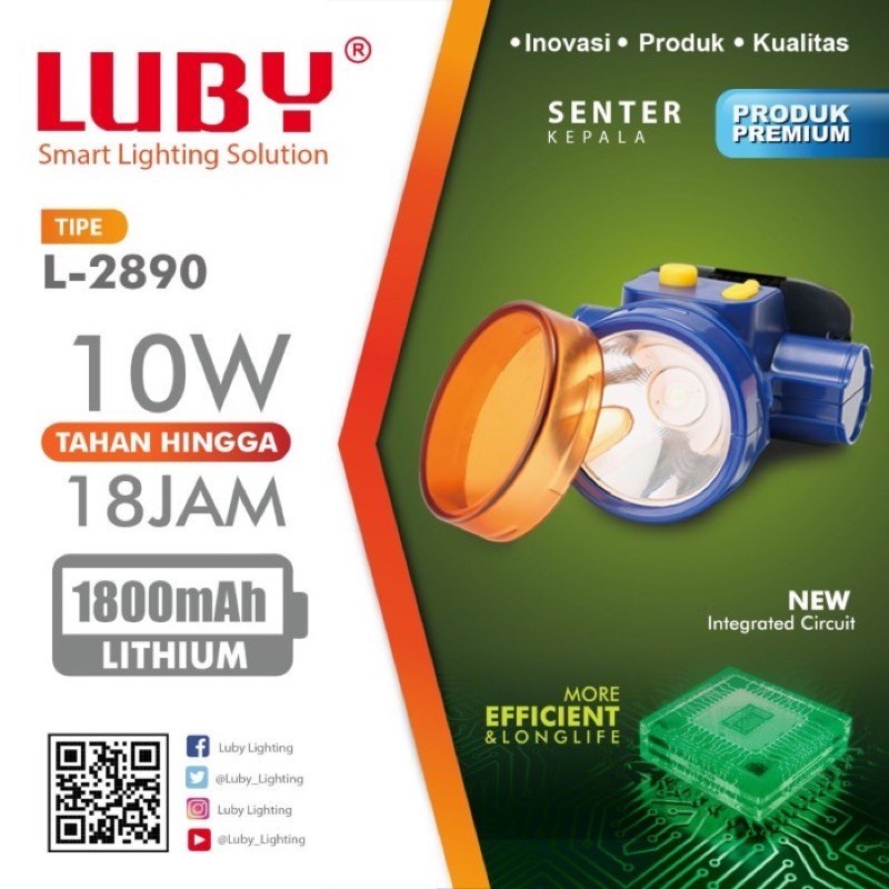 Headlamp Luby LED L2890 senter kepala 10 watt cas ulang bonus lensa biru dan kuning