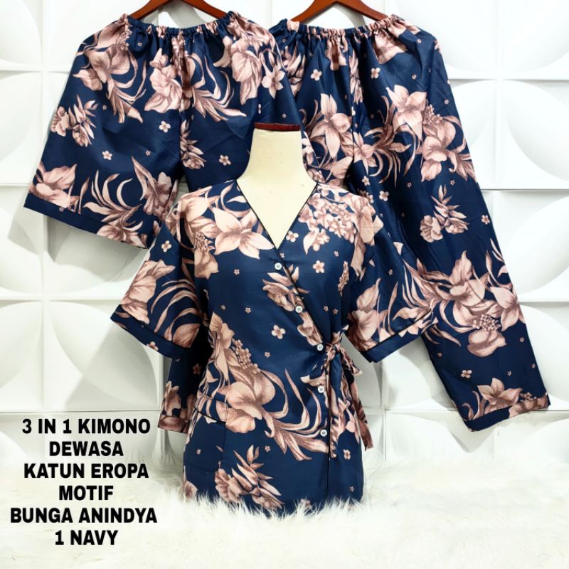 Piyama Kimono 3 in 1 dewasa motif Bunga sakura-Anindya 1 Navy KMN