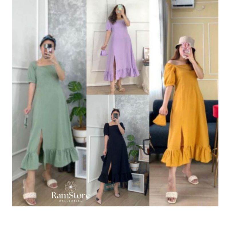 Dress Wanita Korea/Dress Midi Slit Smocked/Dress Korea Jumbo