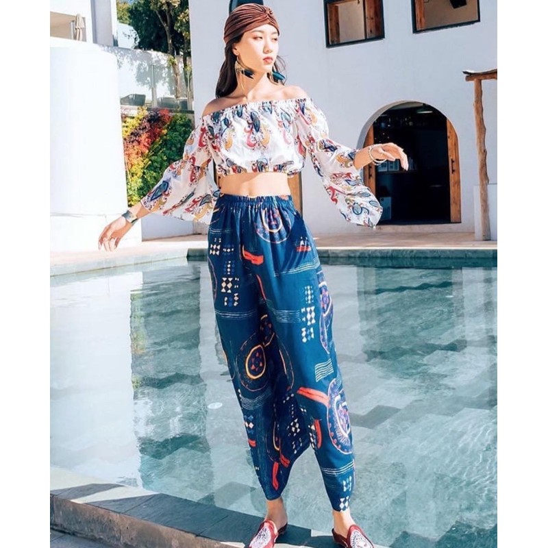set sabrina atasan crop top dan celana model boho atau bohemian CODE TG49-705