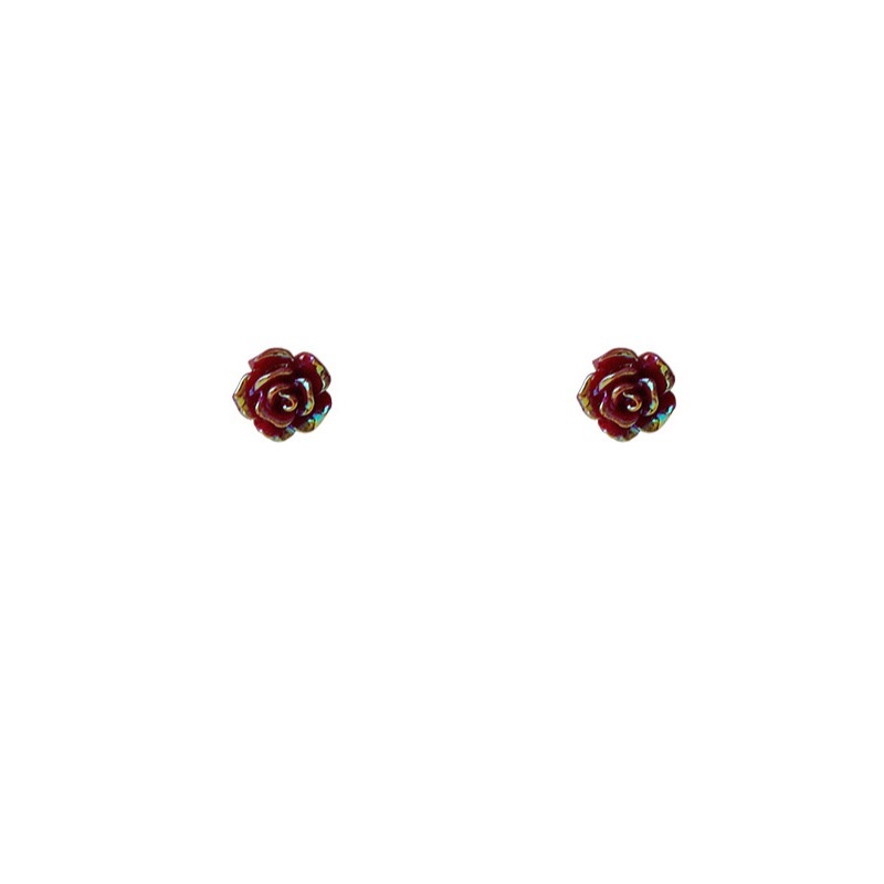 Anting Stud 925 Silver Bentuk Bunga Mawar Kecil Warna Merah Untuk Wanita