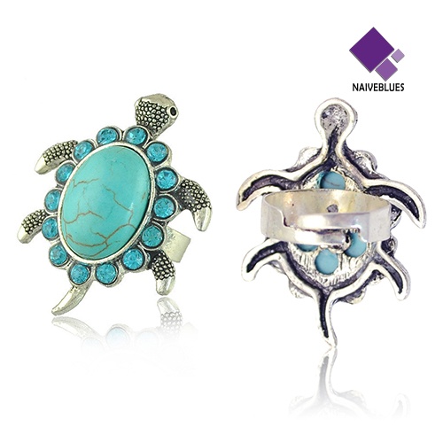 Naiveblue &gt; Cincin Motif Kura-Kura Aksen Turquoise + Berlian Imitasi Untuk Perhiasan Wanita