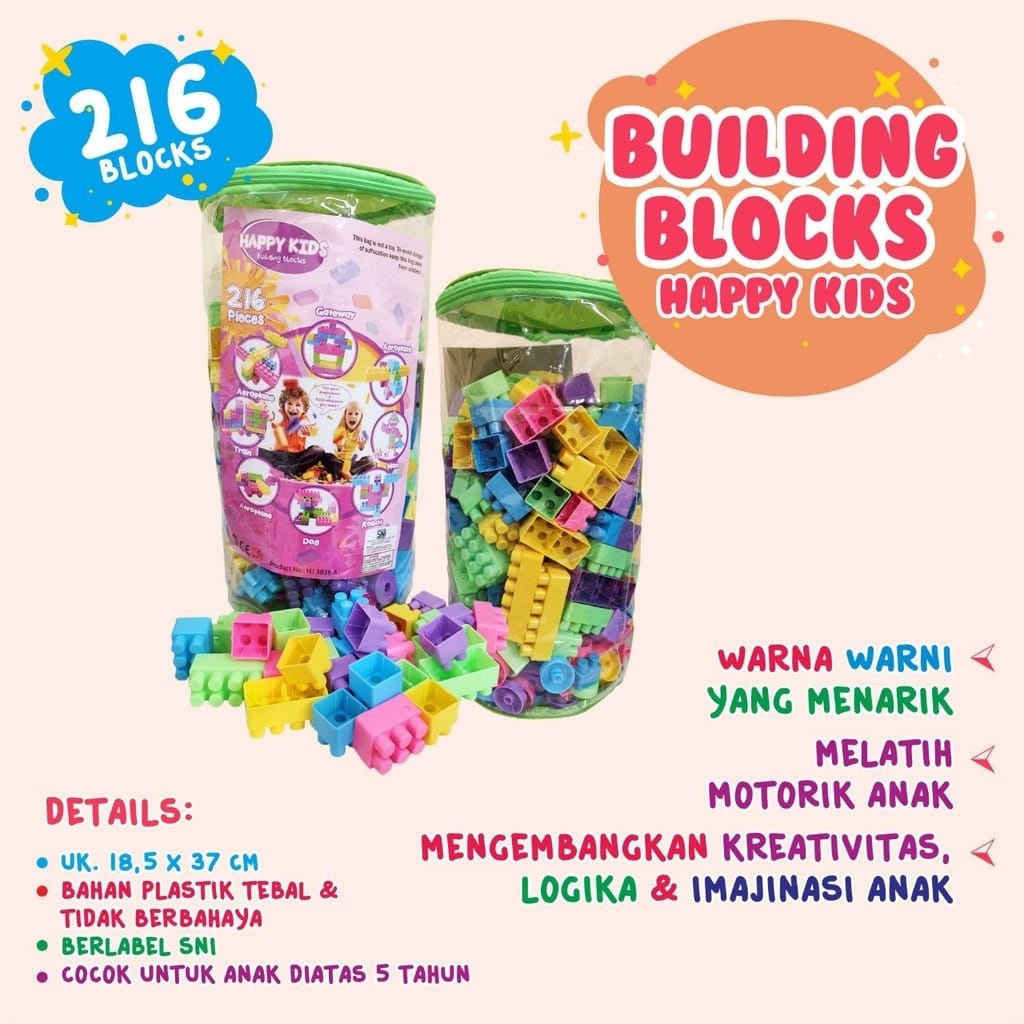 Mainan Edukasi Building Blocks Bricks Happy Kids Isi 60/65/126/216/316 PCS - Balok Susun - Block SNI