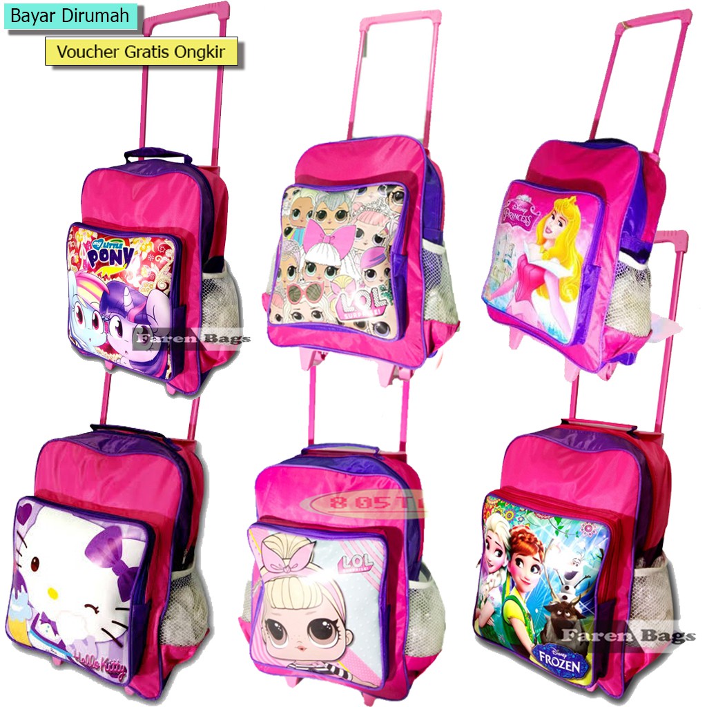 Free 12pcs Ikat Rambut Tas Troli Anak Perempuan Karakter Kartun Anak Tas Roda Anak Perempuan