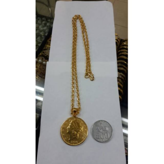 Kalung nori liontin koin besar lapis emas 24k