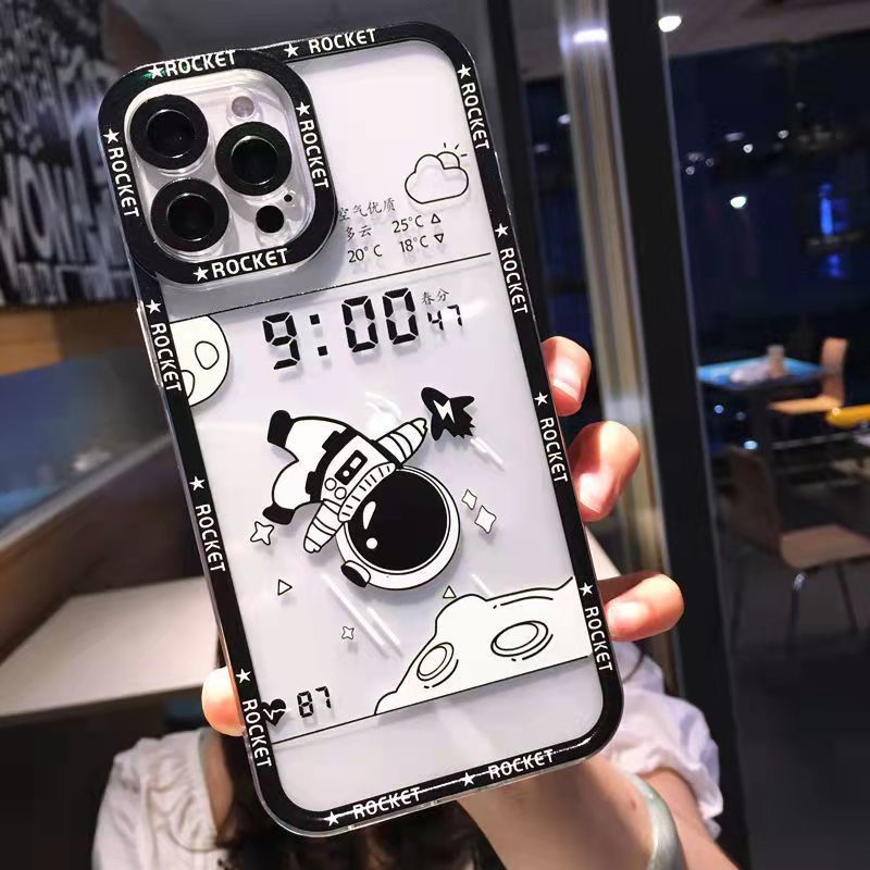 Transparan Hitam dan Putih Pola Astronot Casing Ponsel untuk iPhone 12 13 11 Pro Max X Xs Max Xr 7 8 Plus Casing Silikon Hbyh