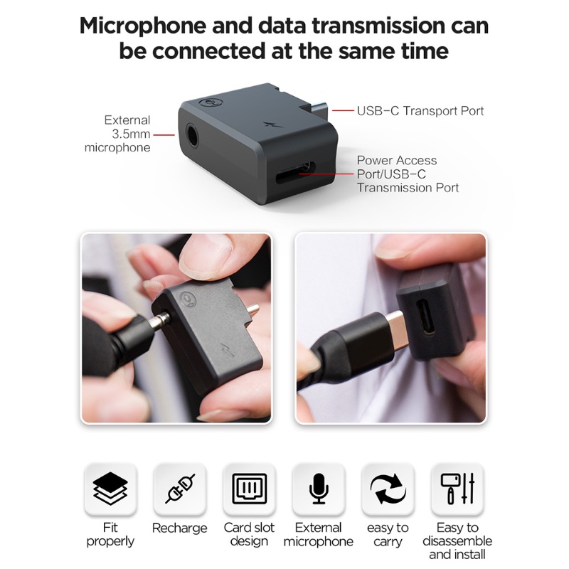 CRE  For Insta-360 ONE-X2 USB-C Port Transmission Microphones Dual Mic Audio Adapter