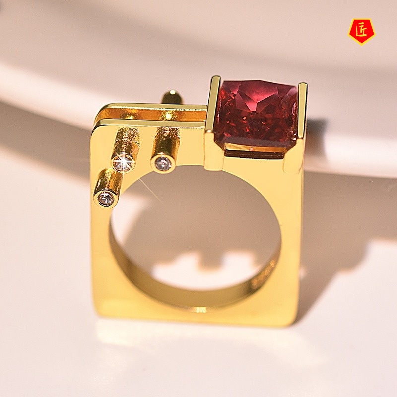 [Ready Stock]Temperament Personality 18K Gold Ruby Geometry Ring