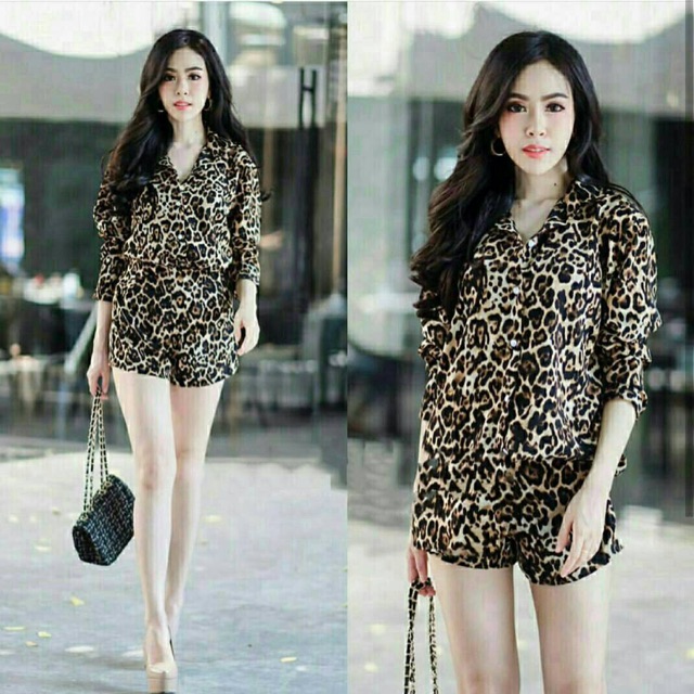 Jumpsuit wanita / jumpsuit pendek / jumpsuit leopard mocca ( K 522 )