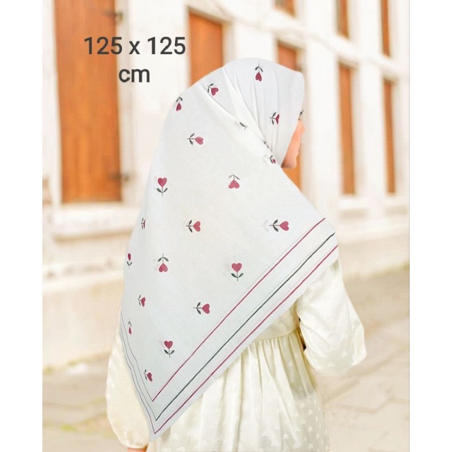 DISKON  Hijab Segiempat Motif Tulip Putih Ukuran 125x125 / Others /  hijab segi 4  / hijab voal moti