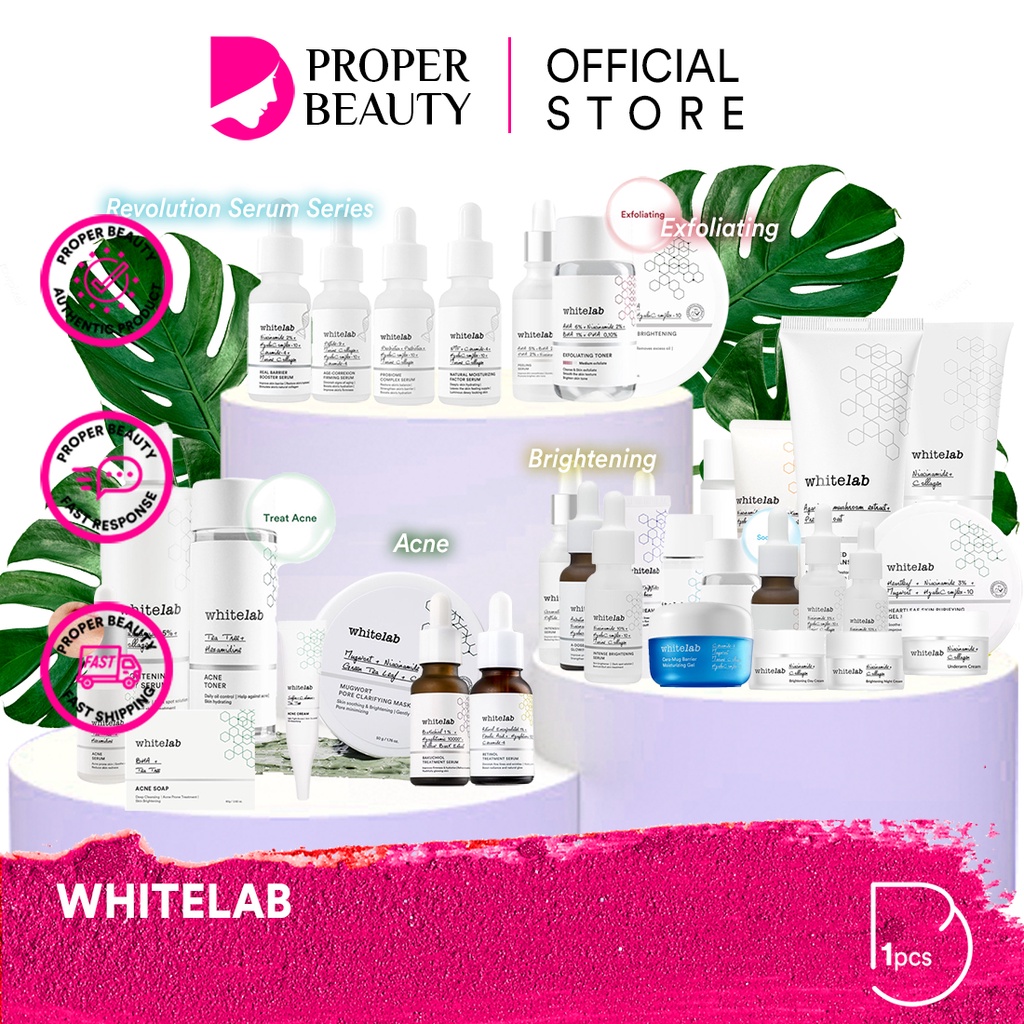 WHITELAB Indonesia / Facial Wash Hydrating Essence Toner Serum Ampoule Day Night Underarm Eye Cream Sunscreen Clay Mask Masker Gel Body Soap / Face Acne Brightening Mugwort Heartleaf Niacinamide Peeling Calming Paket Wajah Lengkap Set Sabun Krim Pelembab