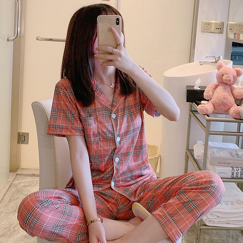 BAJU TIDUR PIYAMA SET KEMEJA CP LENGAN PENDEK CELANA PANJANG IMPORT PREMIUM BANYAK MOTIF-Red Stripes