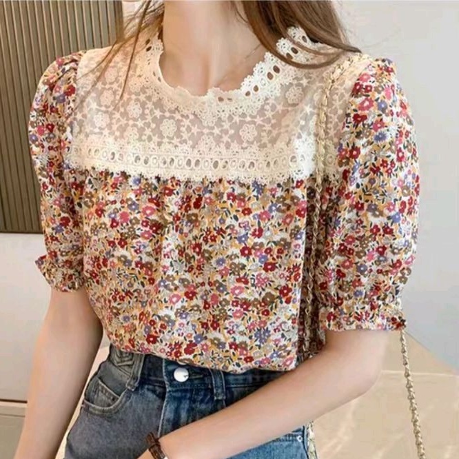 2477 Baju atasan blouse lengan pendek motif bunga flower floral biru Korean style wanita import baju